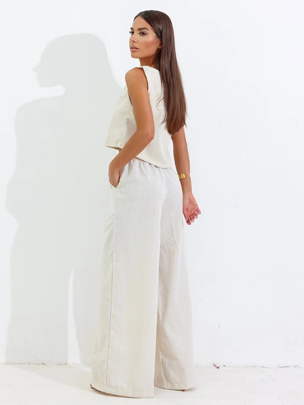 Conjunto Feminino Calça Pantalona e Blusa Regata Linho - SANTALUX - 185