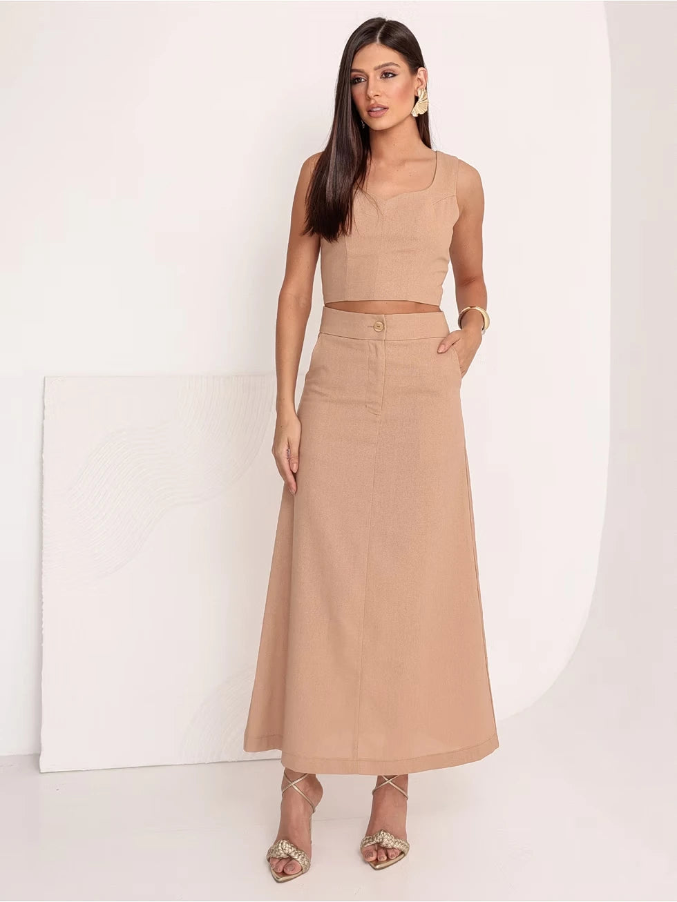 Conjunto Linho Cropped Saia Longa - SANTALUX - 149