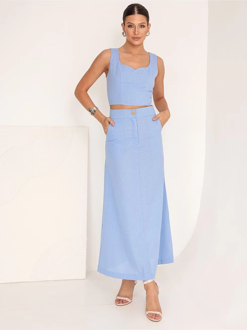 Conjunto Linho Cropped Saia Longa - SANTALUX - 149