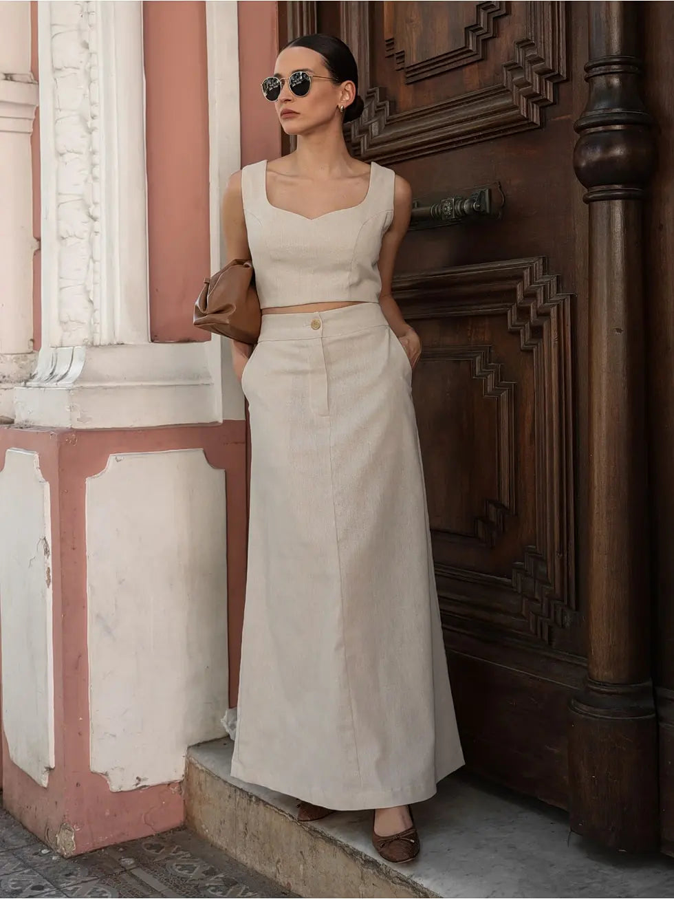 Conjunto Linho Cropped Saia Longa - SANTALUX - 149