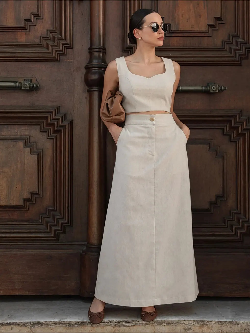 Conjunto Linho Cropped Saia Longa - SANTALUX - 149