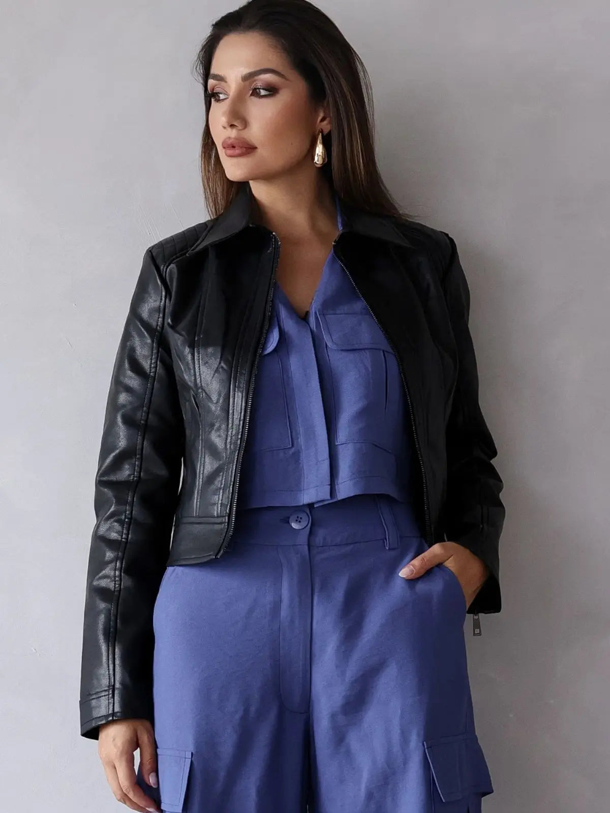 Jaqueta de Couro Sintético com Bolsos Lateriais - Santalux - 123