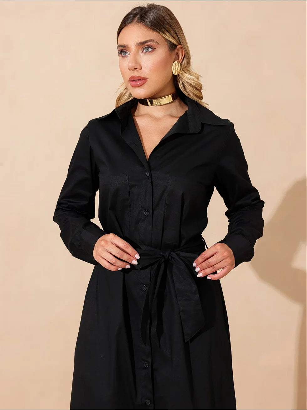 Vestido Midi Mangas Longas com Faixa - SANTALUX