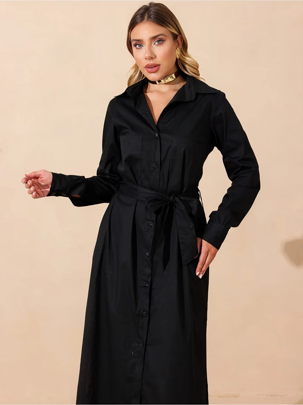 Vestido Midi Mangas Longas com Faixa - SANTALUX