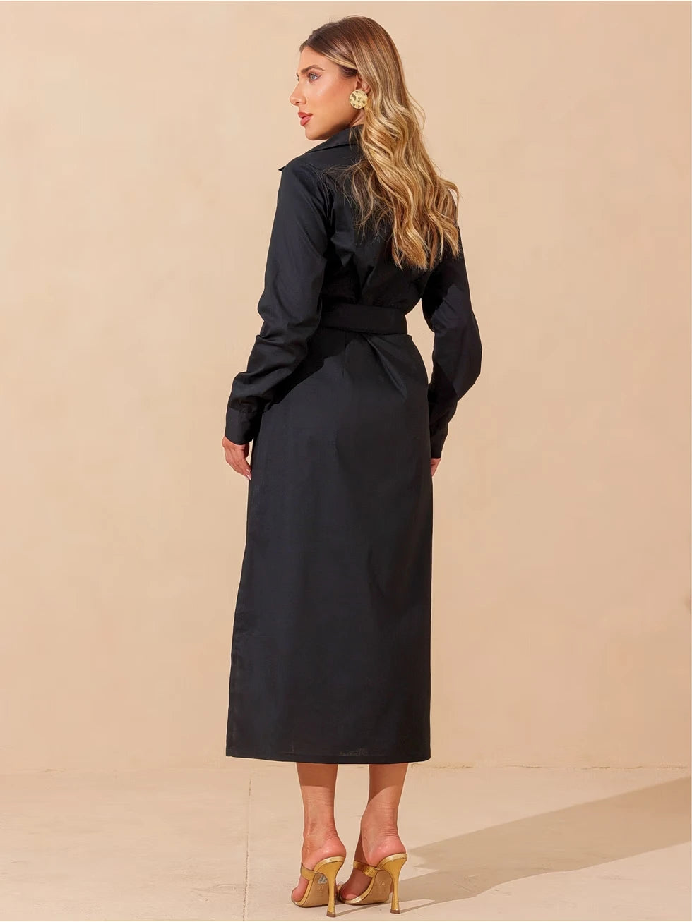 Vestido Midi Mangas Longas com Faixa - SANTALUX