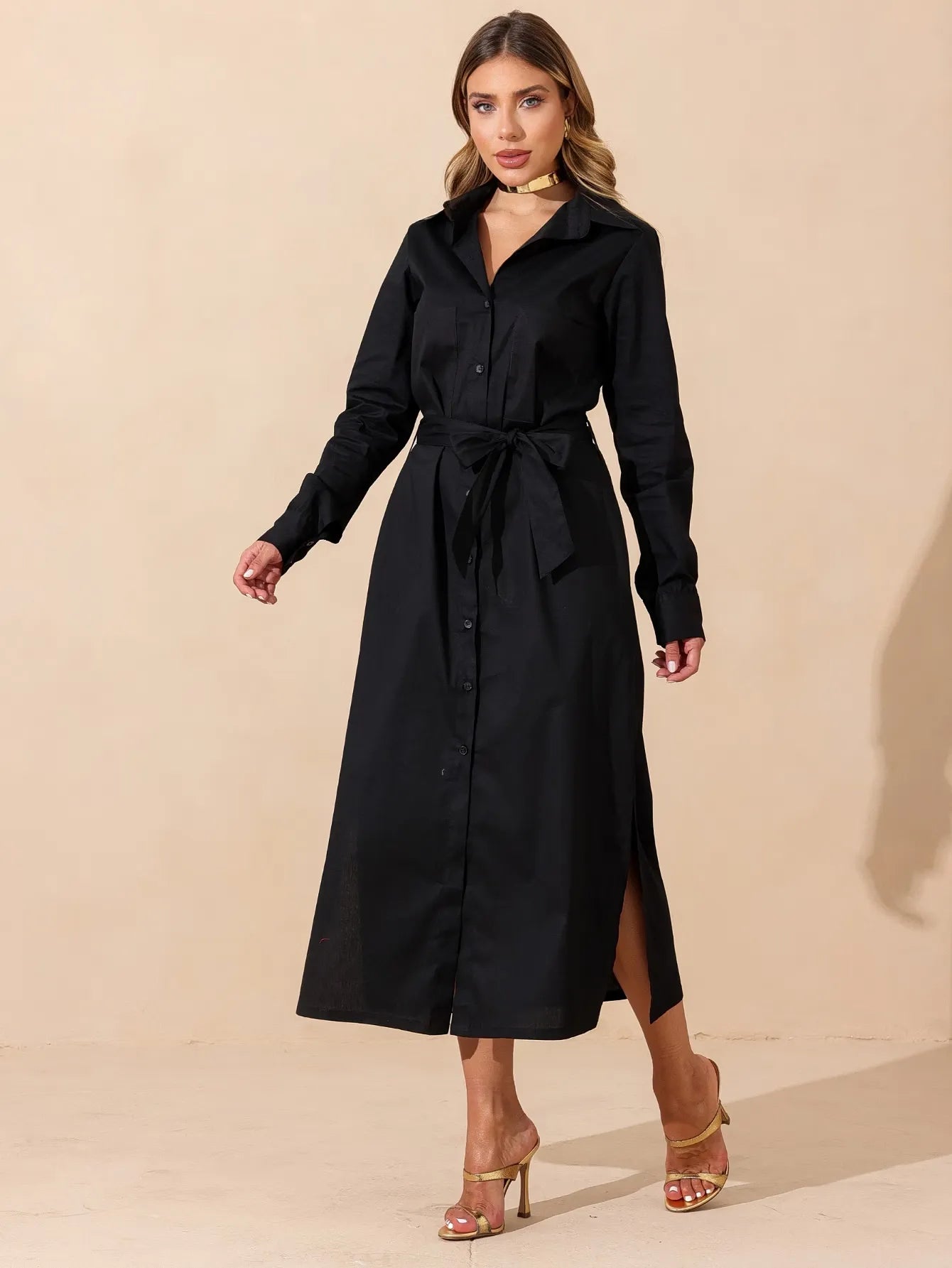 Vestido Midi Mangas Longas com Faixa - SANTALUX