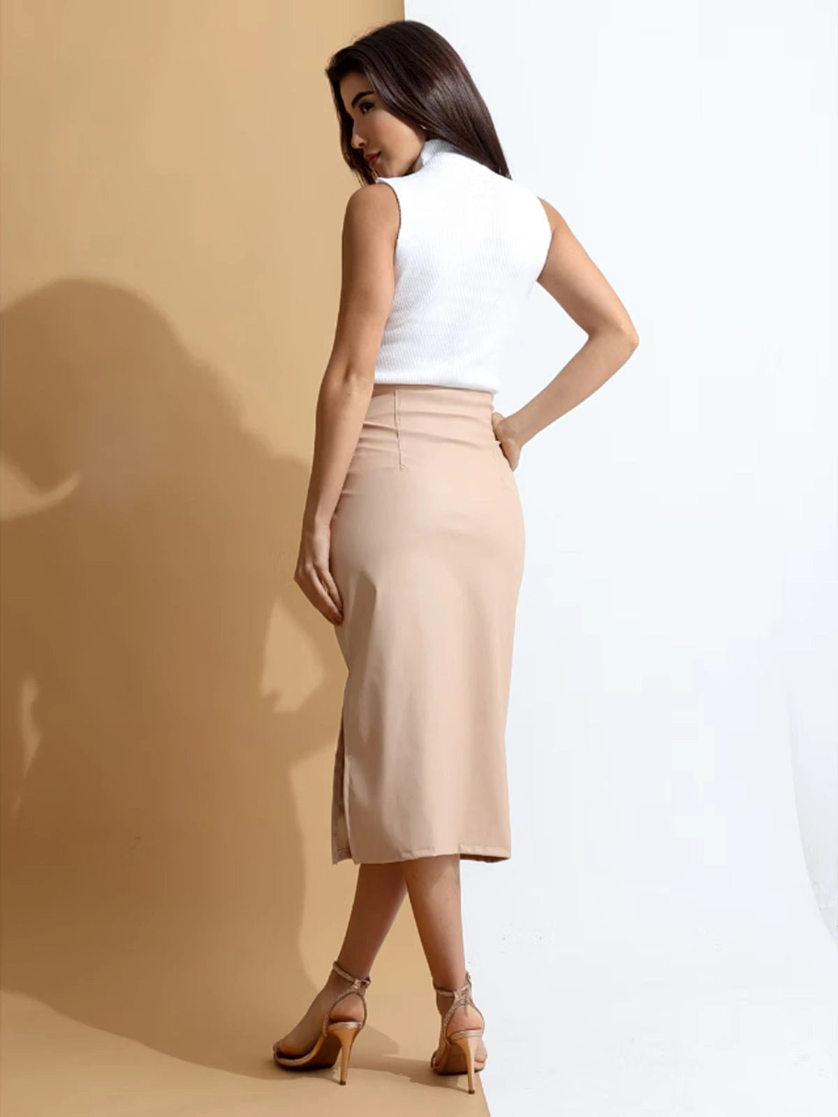 Saia Midi de Couro com Fenda Elegante - SANTALUX - 138