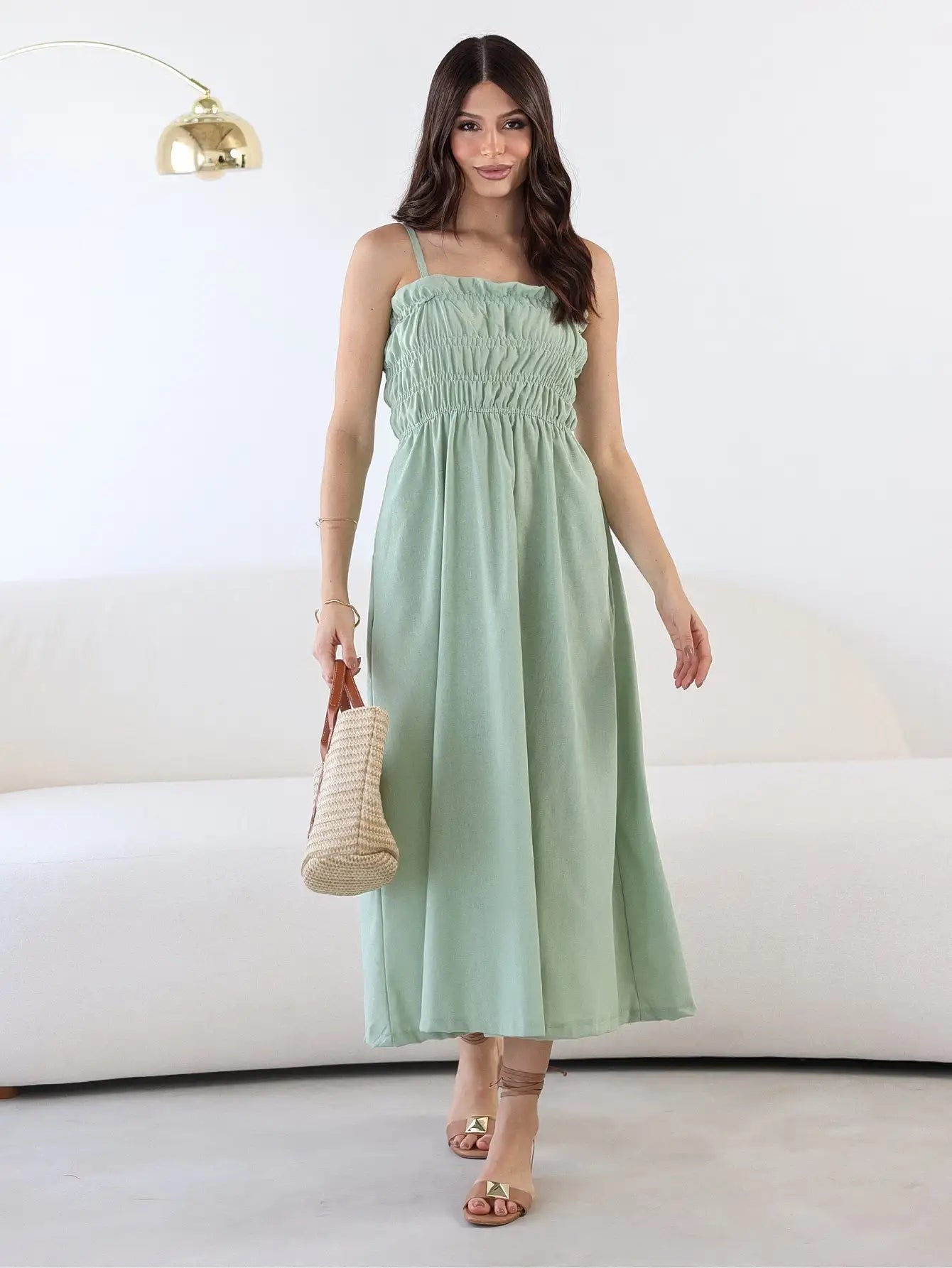 Vestido Linho Alças Ajustáveis Franzido