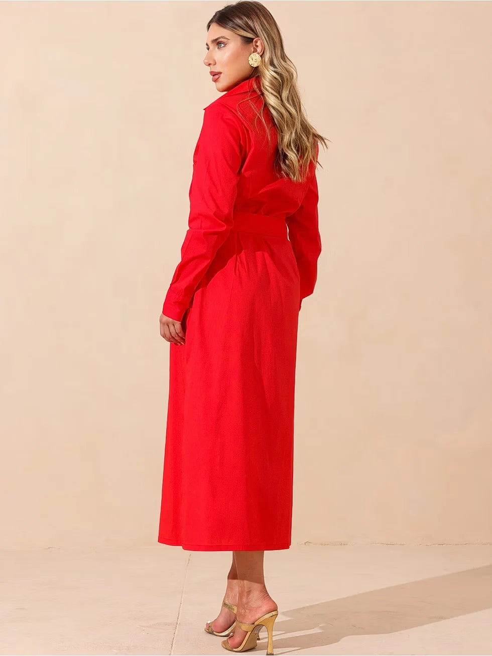 Vestido Midi Mangas Longas com Faixa - SANTALUX