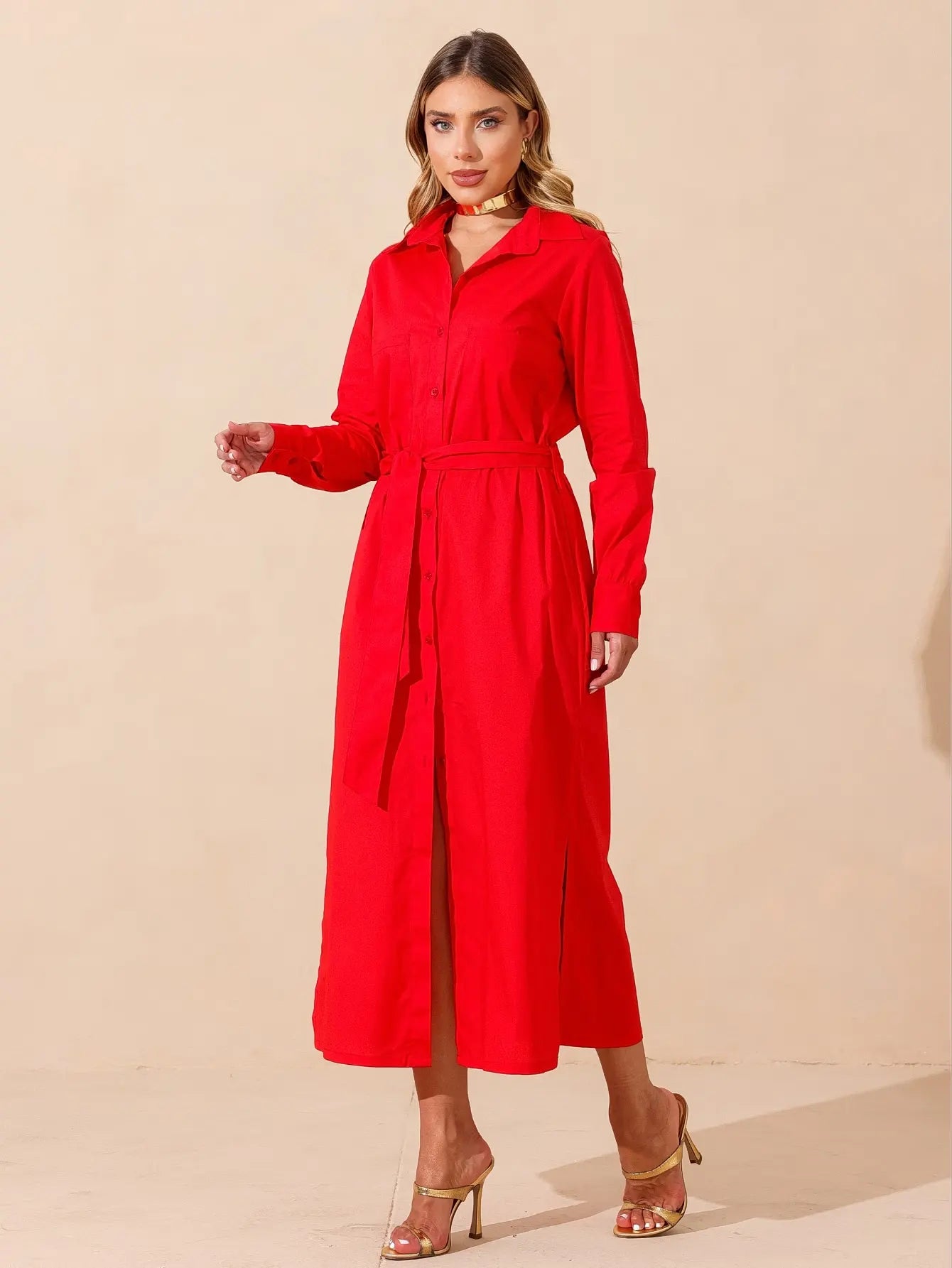 Vestido Midi Mangas Longas com Faixa - SANTALUX