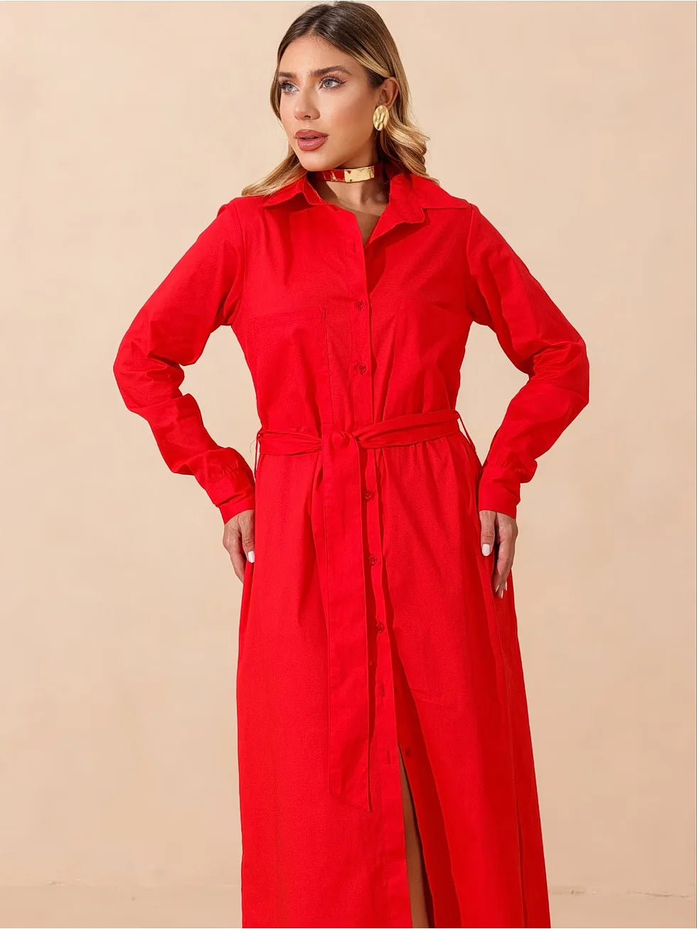 Vestido Midi Mangas Longas com Faixa - SANTALUX