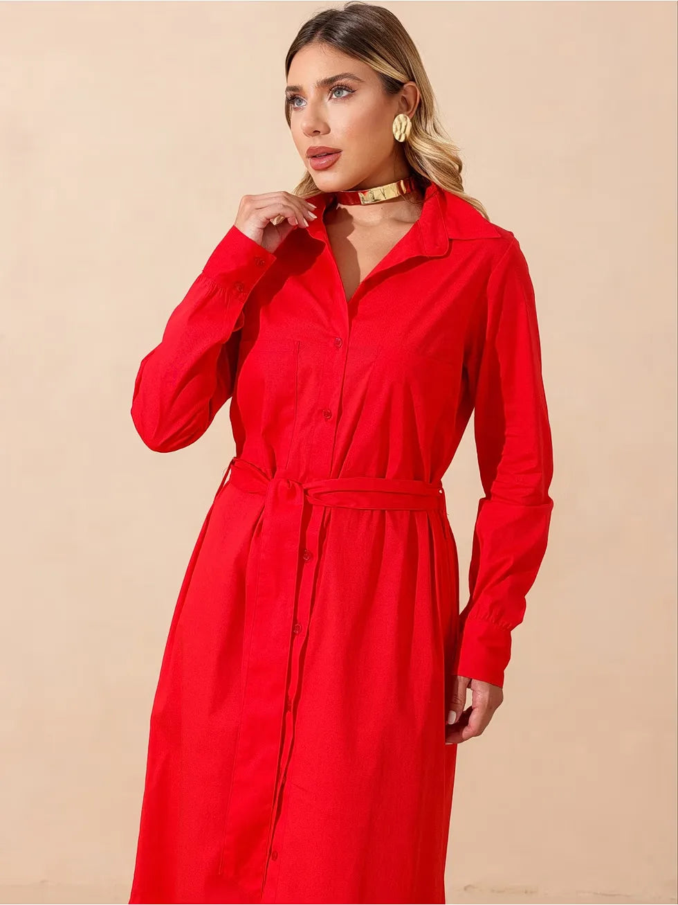 Vestido Midi Mangas Longas com Faixa - SANTALUX