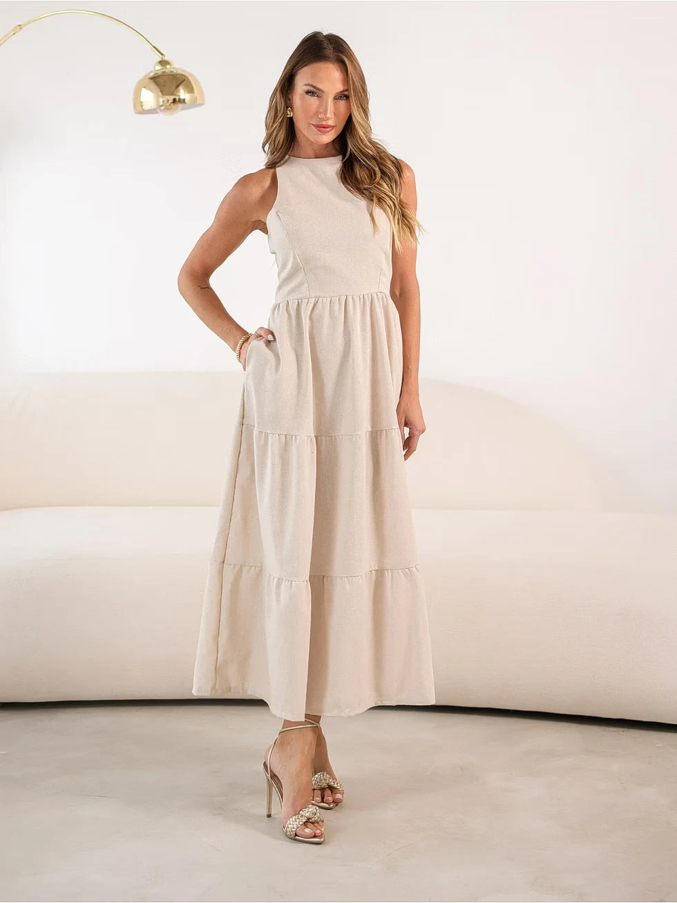 Vestido Midi Alfaiataria Sem Manga - SANTALUX - 142