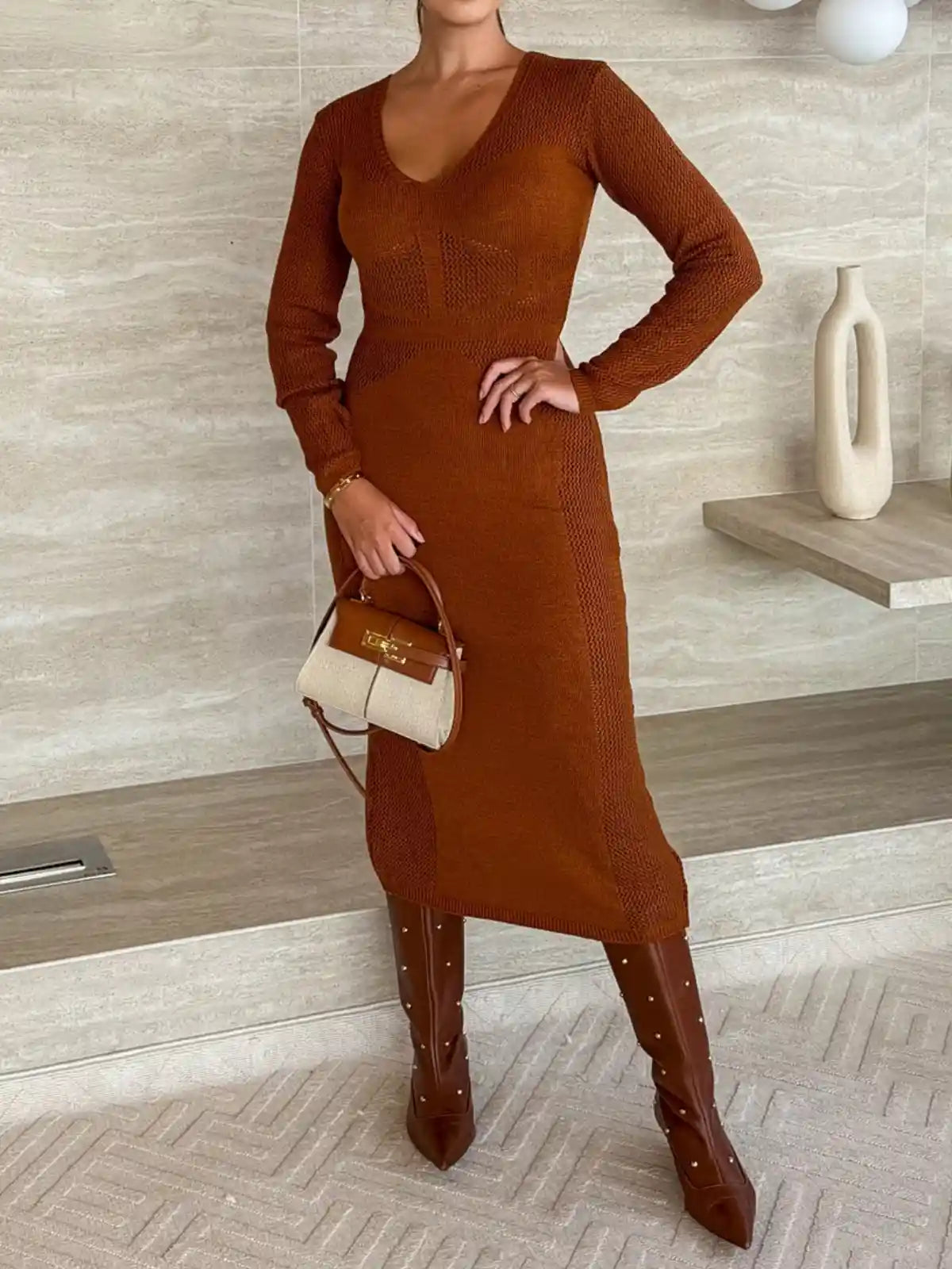 Vestido Midi Tricô Manga Longa - SANTALUX - 143