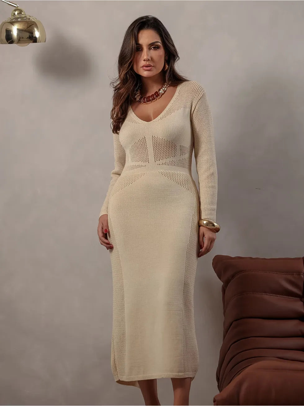 Vestido Midi Tricô Manga Longa - SANTALUX - 143