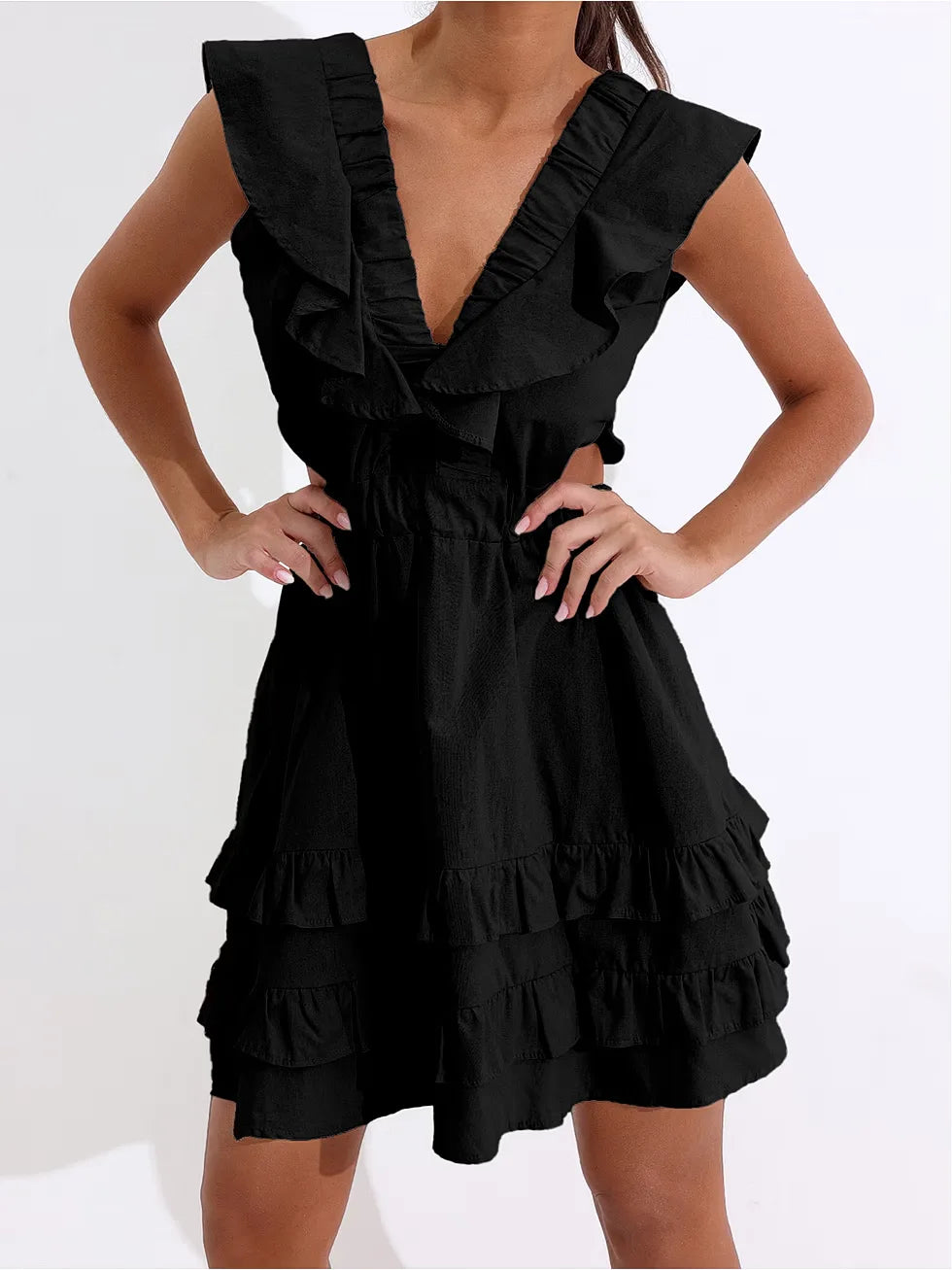 Vestido Curto Laise Decote V com Babados - SANTALUX - 129