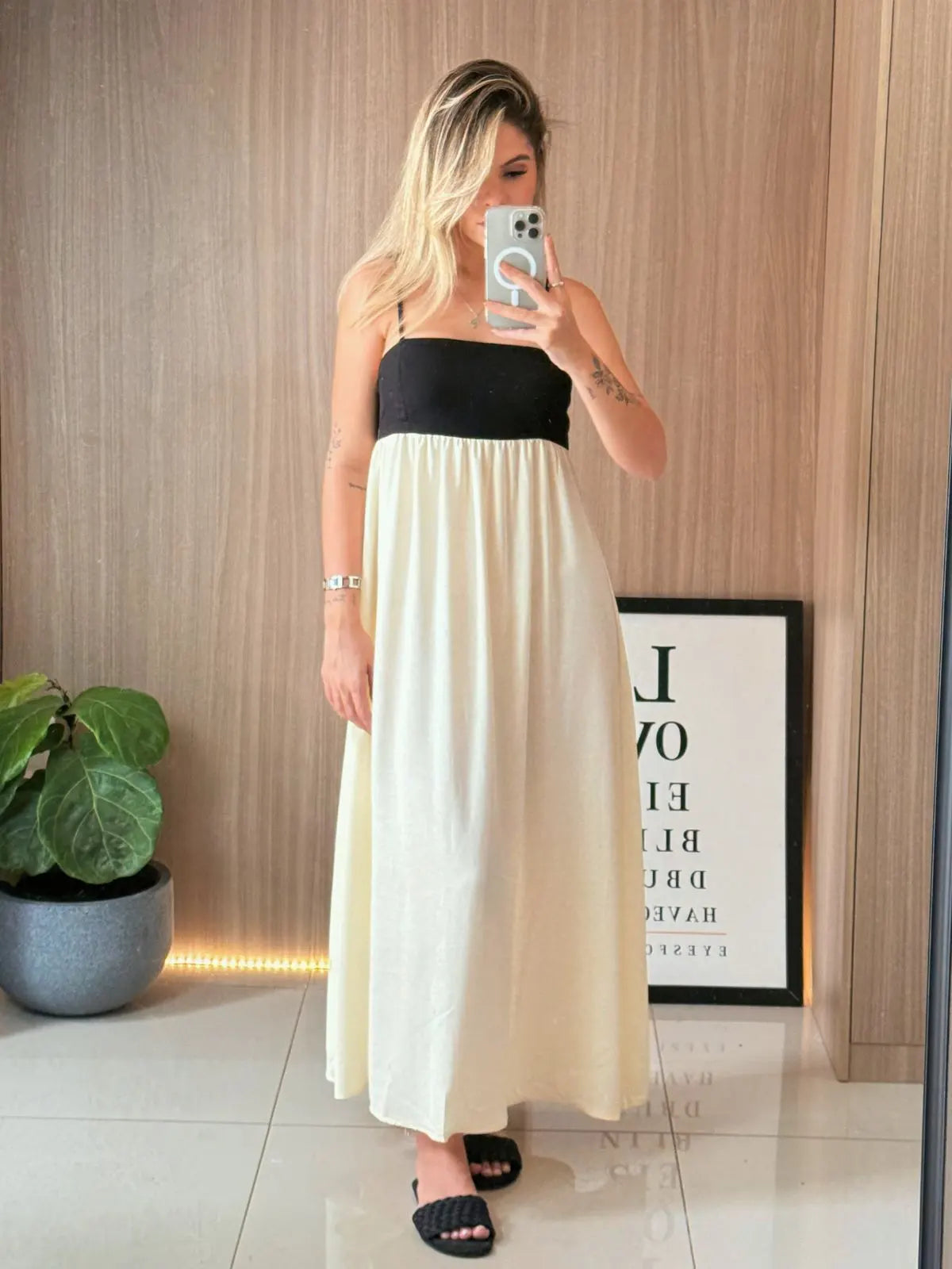Vestido Longo P&B com Alças Finas - Santalux - 100