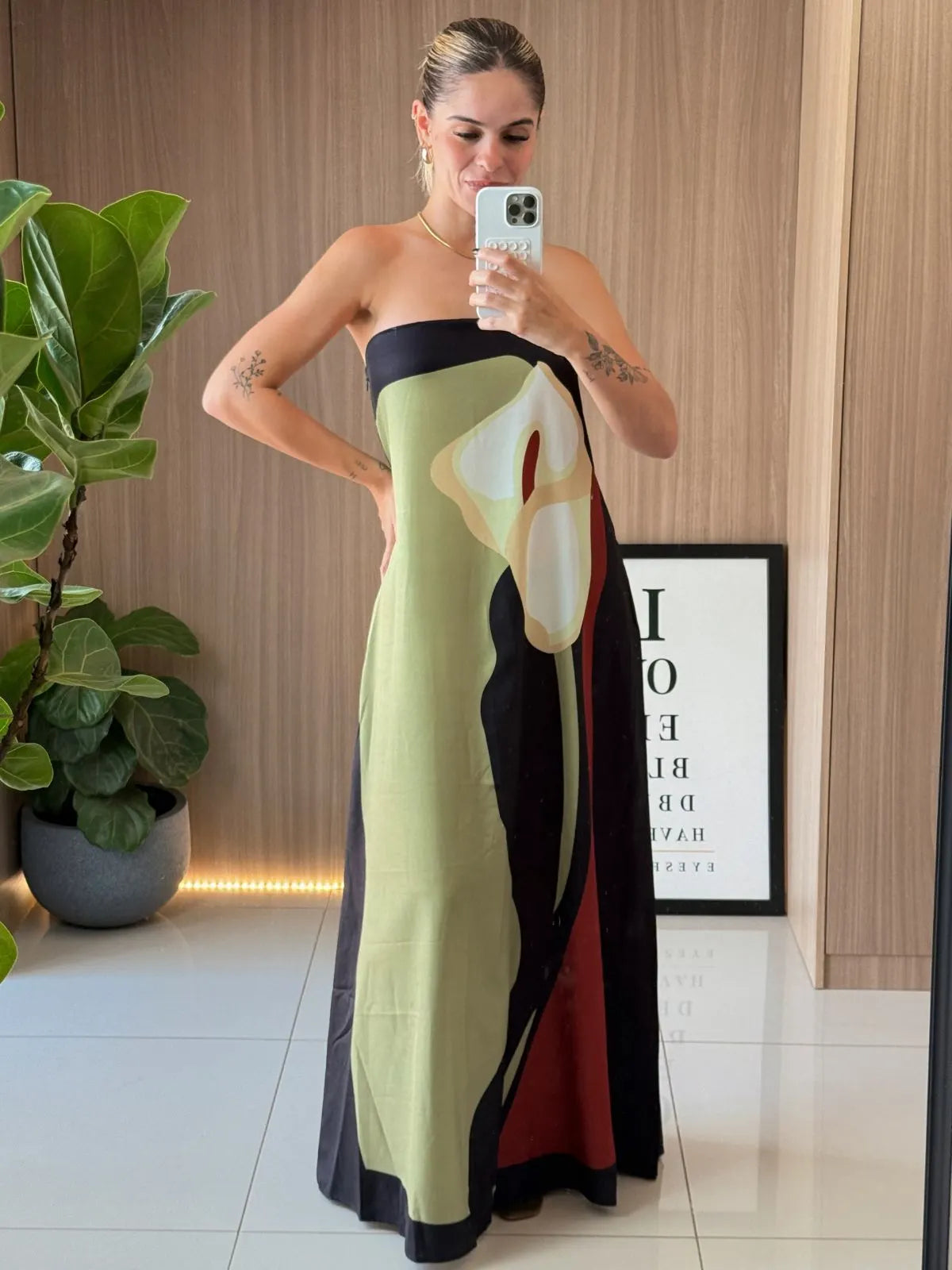 Vestido Longo Tomara que Caia Estampado - Verde Oliva Claro - SANTALUX - Florescer Luxe - 102