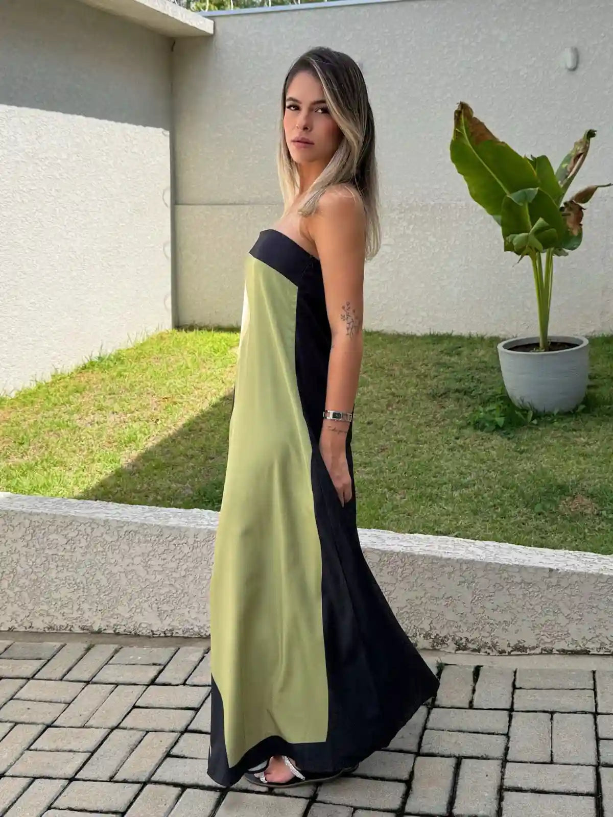 Vestido Longo Tomara que Caia Estampado - Verde Oliva Claro - SANTALUX - 102