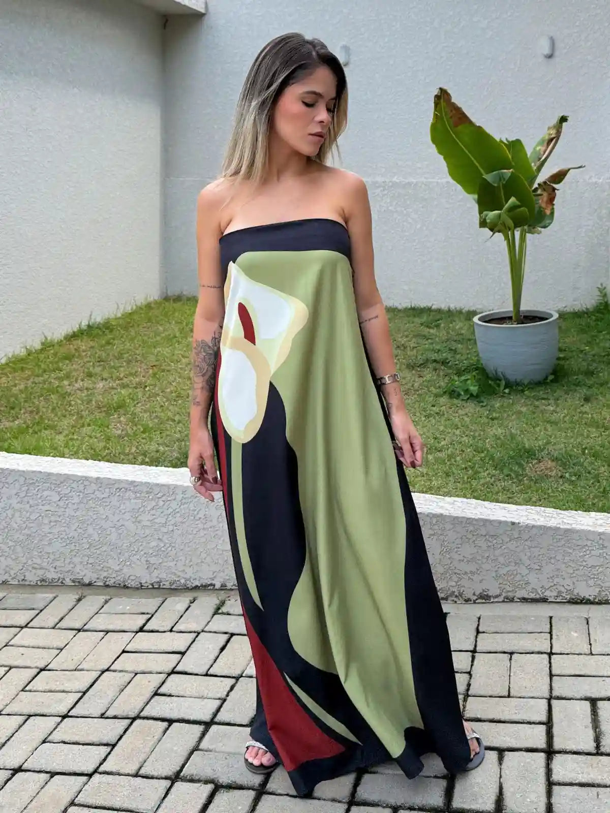 Vestido Longo Tomara que Caia Estampado - Verde Oliva Claro - SANTALUX - 102