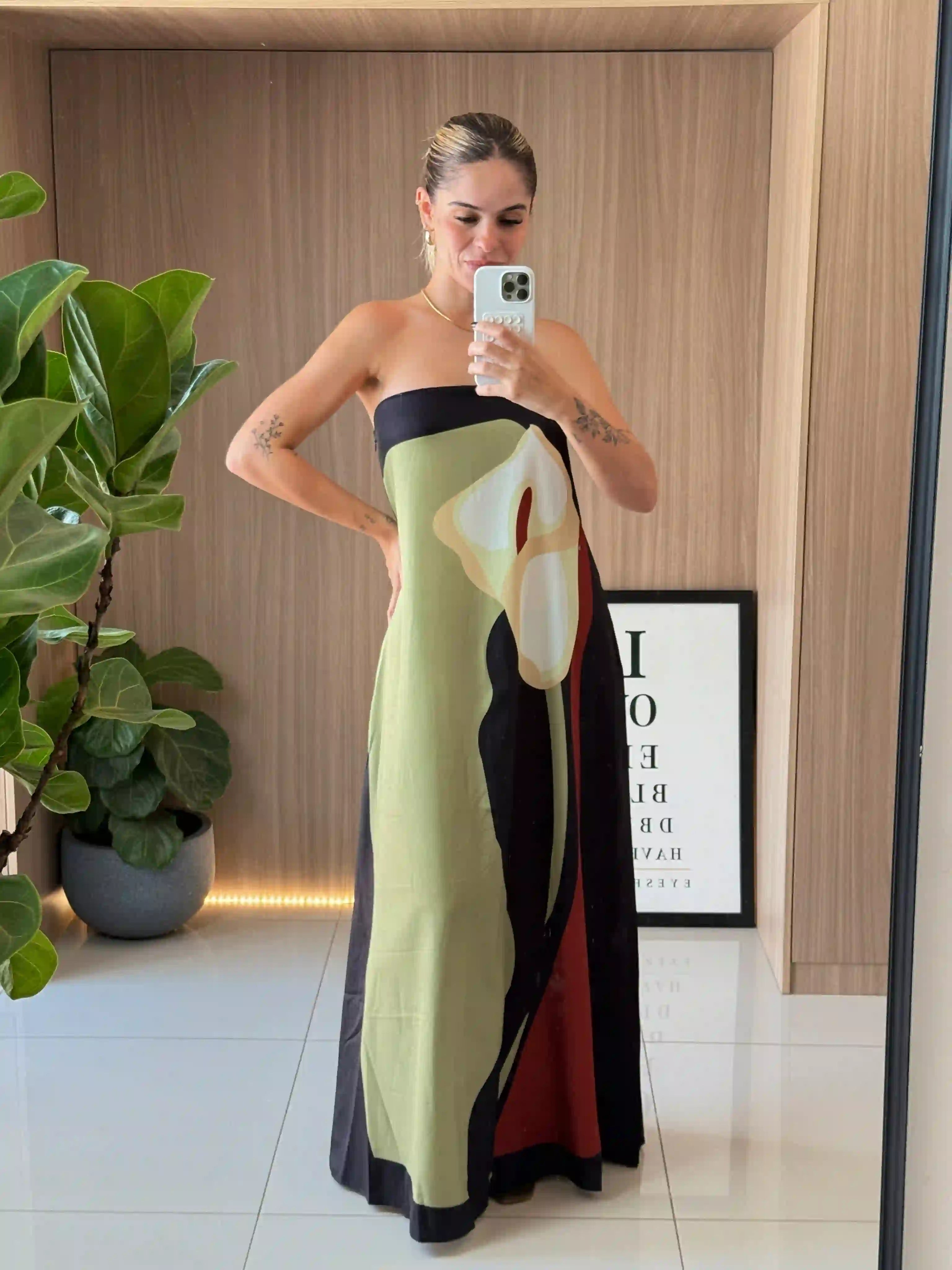 Vestido Longo Tomara que Caia Estampado - Verde Oliva Claro - SANTALUX - 102