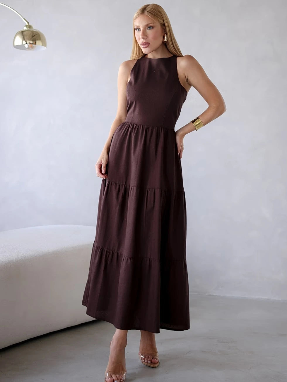 Vestido Midi Alfaiataria Sem Manga