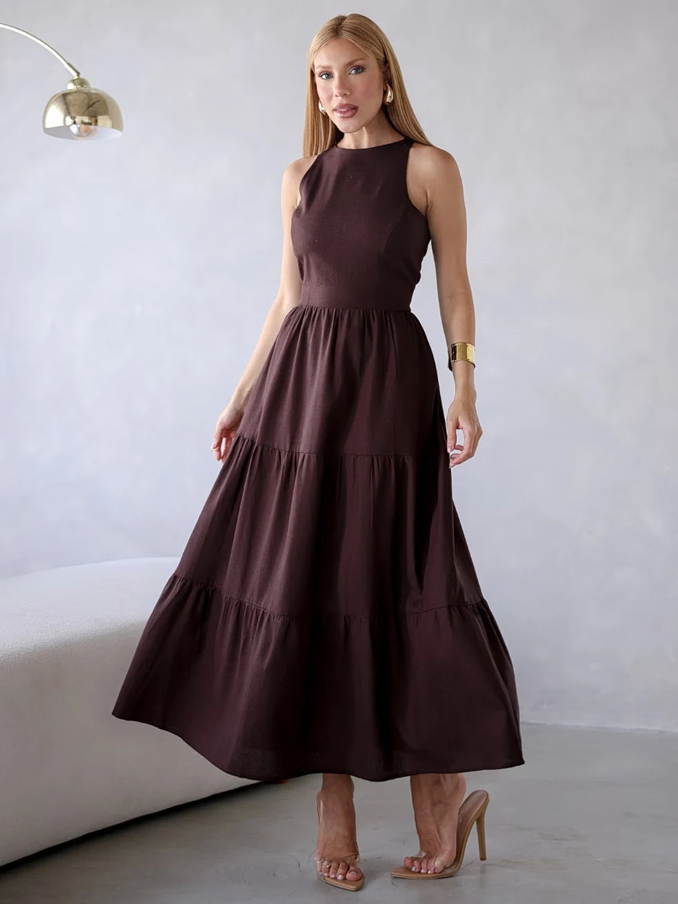 Vestido Midi Alfaiataria Sem Manga