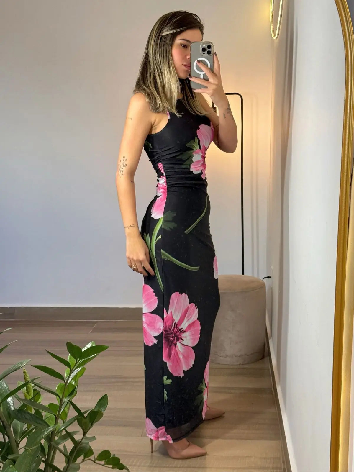 Vestido Midi Floral Statement - Rosa - SANTALUX - Florescer Luxe - 182-R