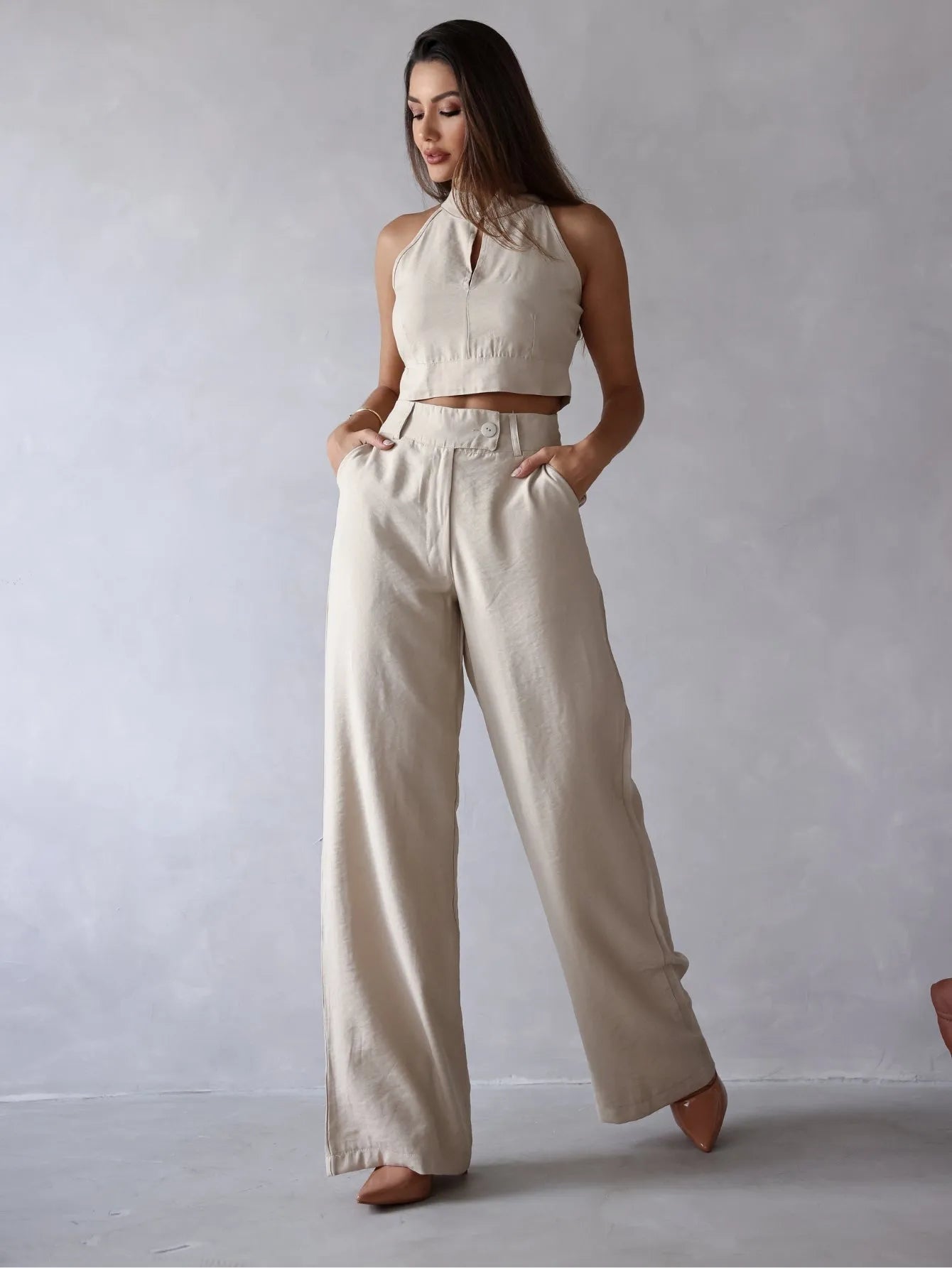 Conjunto Viscose Cropped Recorte Wide Leg