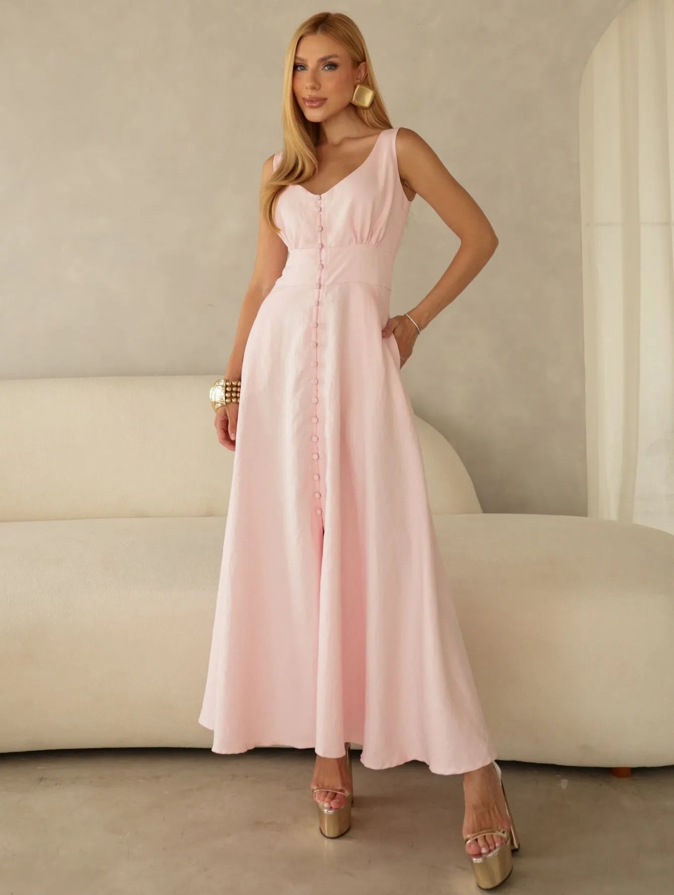 Vestido Midi Alfaiataria Decote V Lastex