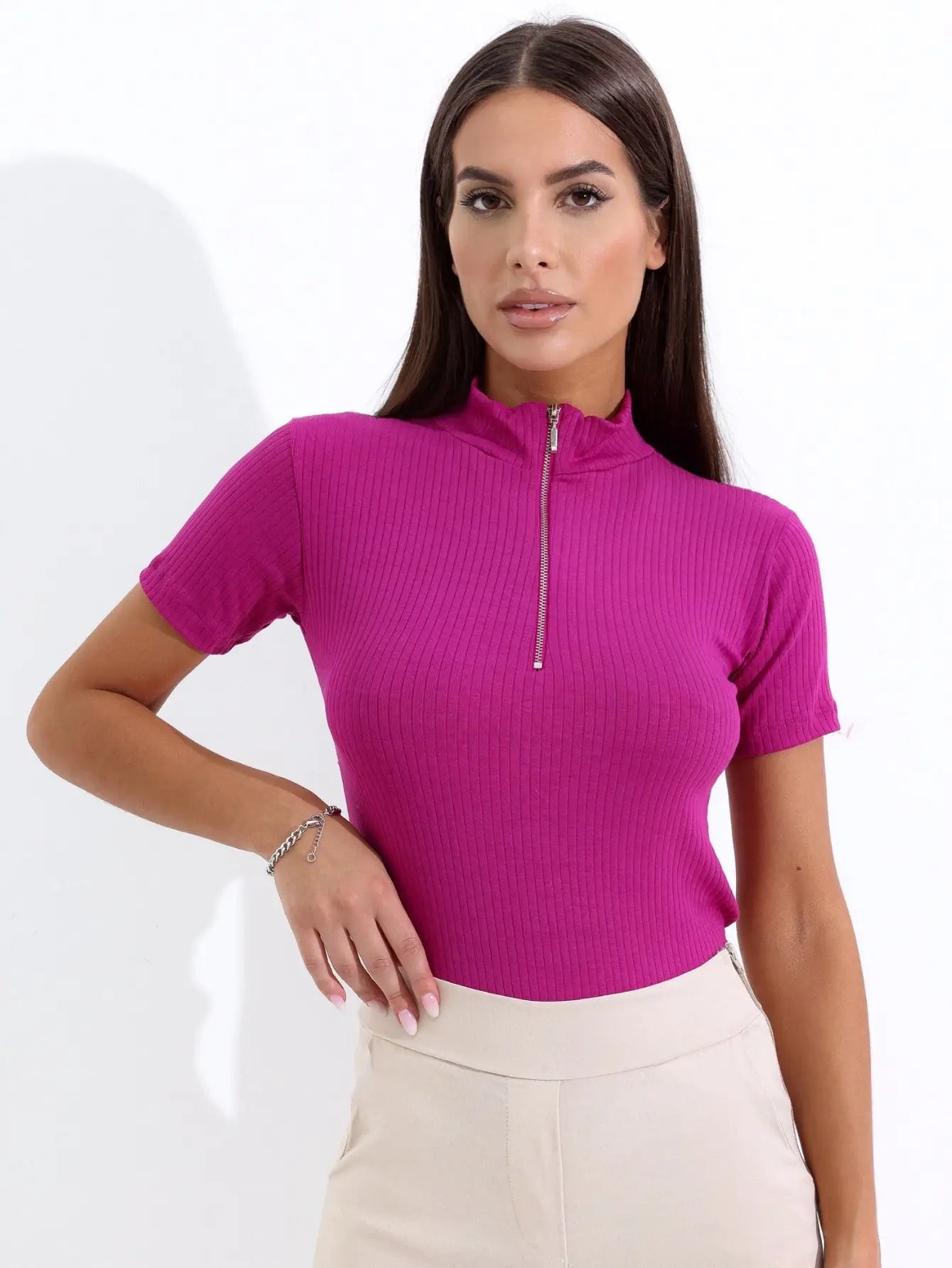 Blusa Canelada Zíper Frontal Polo