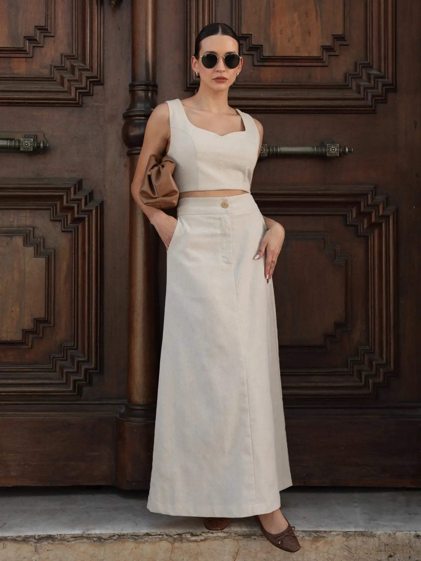 Conjunto Linho Cropped Saia Longa