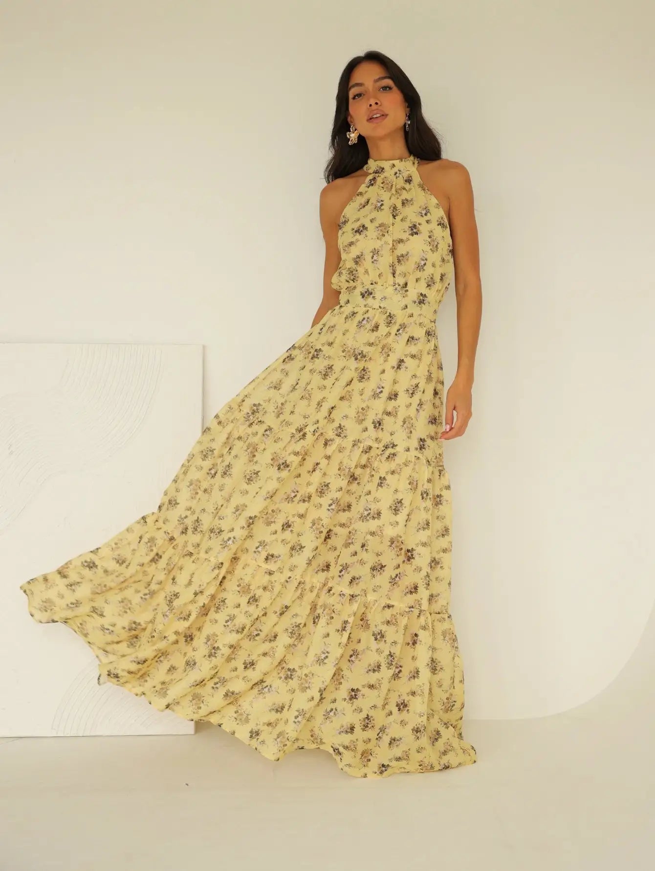 Vestido Longo Chiffon Floral Gola Alta