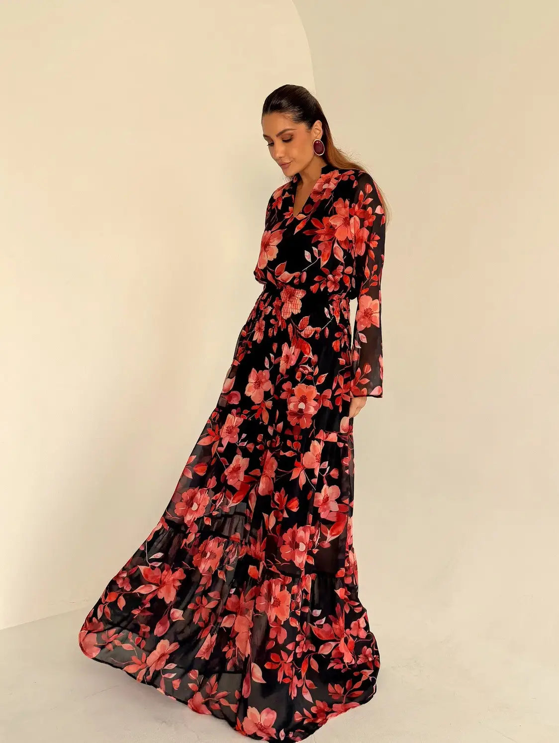 Vestido Longo Chiffon Manga Longa