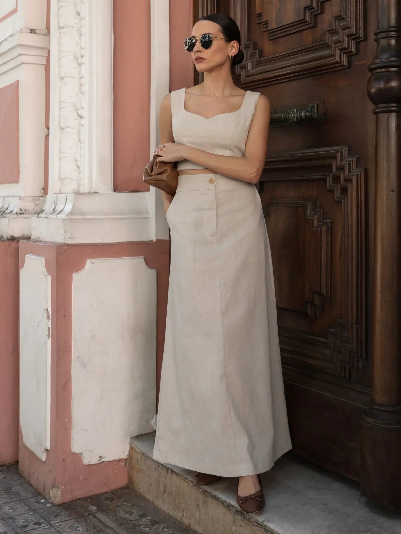 Conjunto Linho Cropped Saia Longa