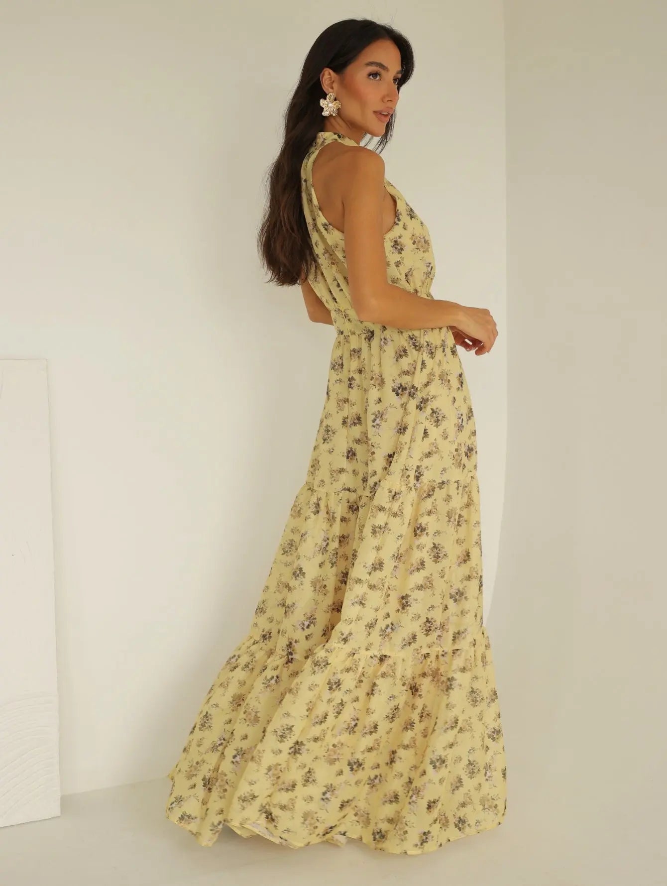 Vestido Longo Chiffon Floral Gola Alta