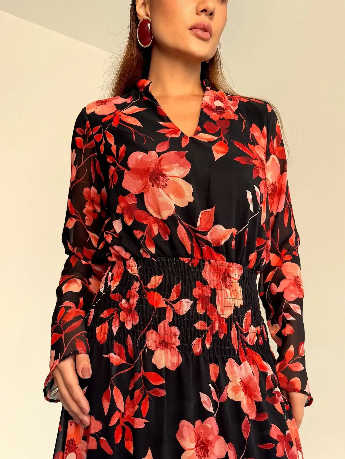 Vestido Longo Chiffon Manga Longa
