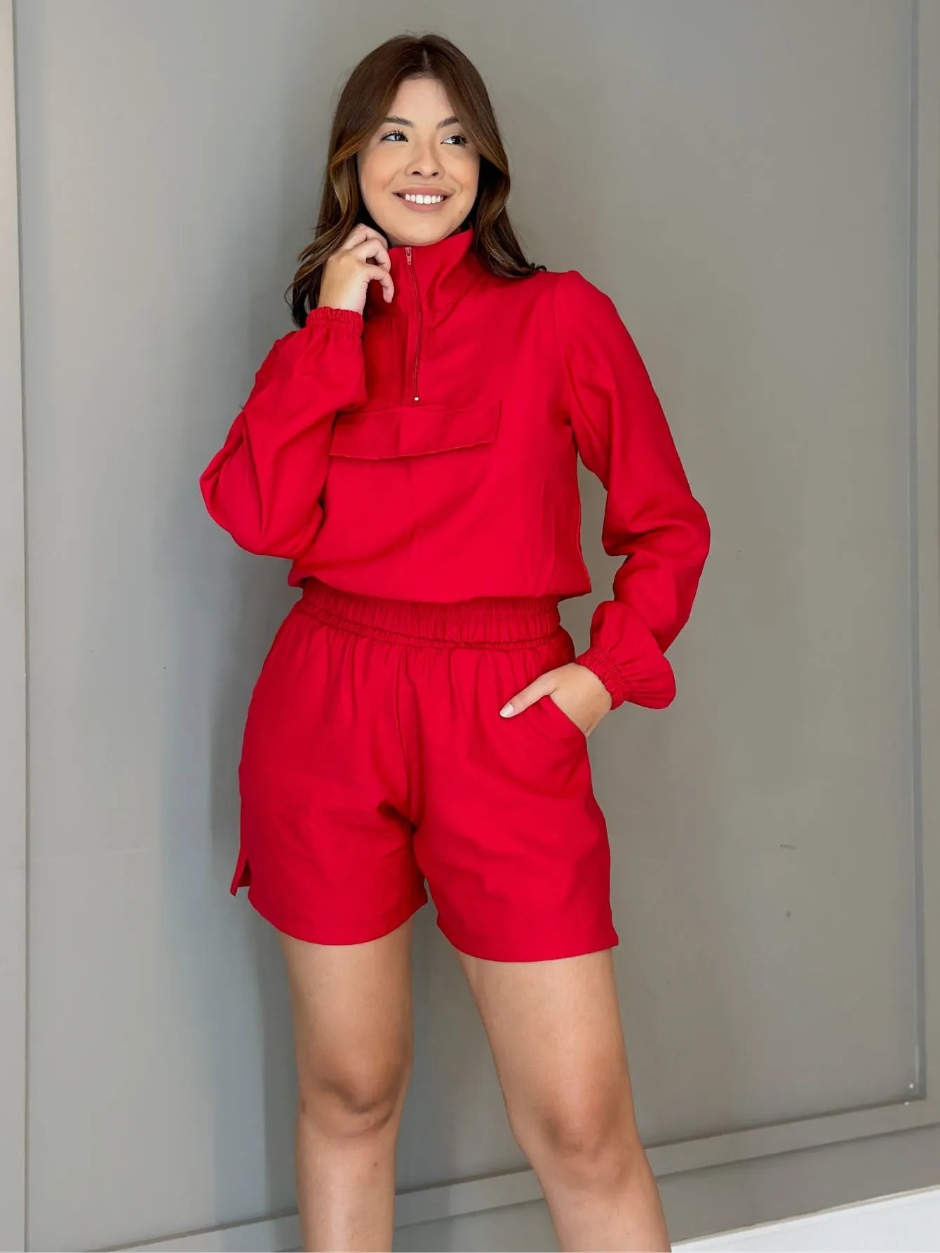 Conjunto Viscose Blusa Zíper Short
