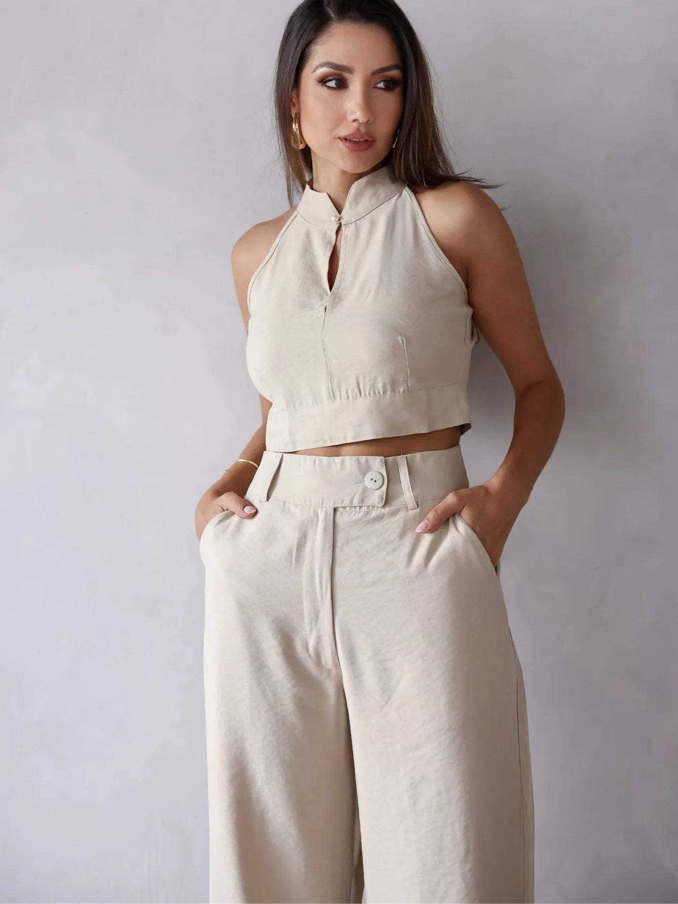 Conjunto Viscose Cropped Recorte Wide Leg