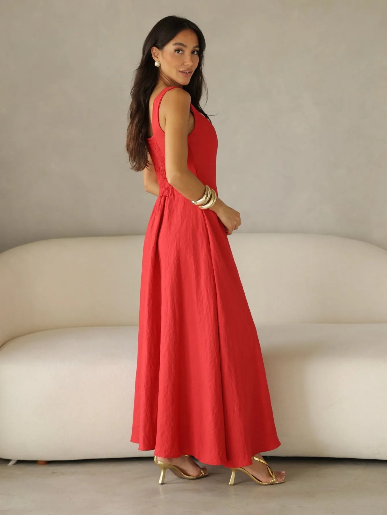 Vestido Longo Alfaiataria Decote Quadrado