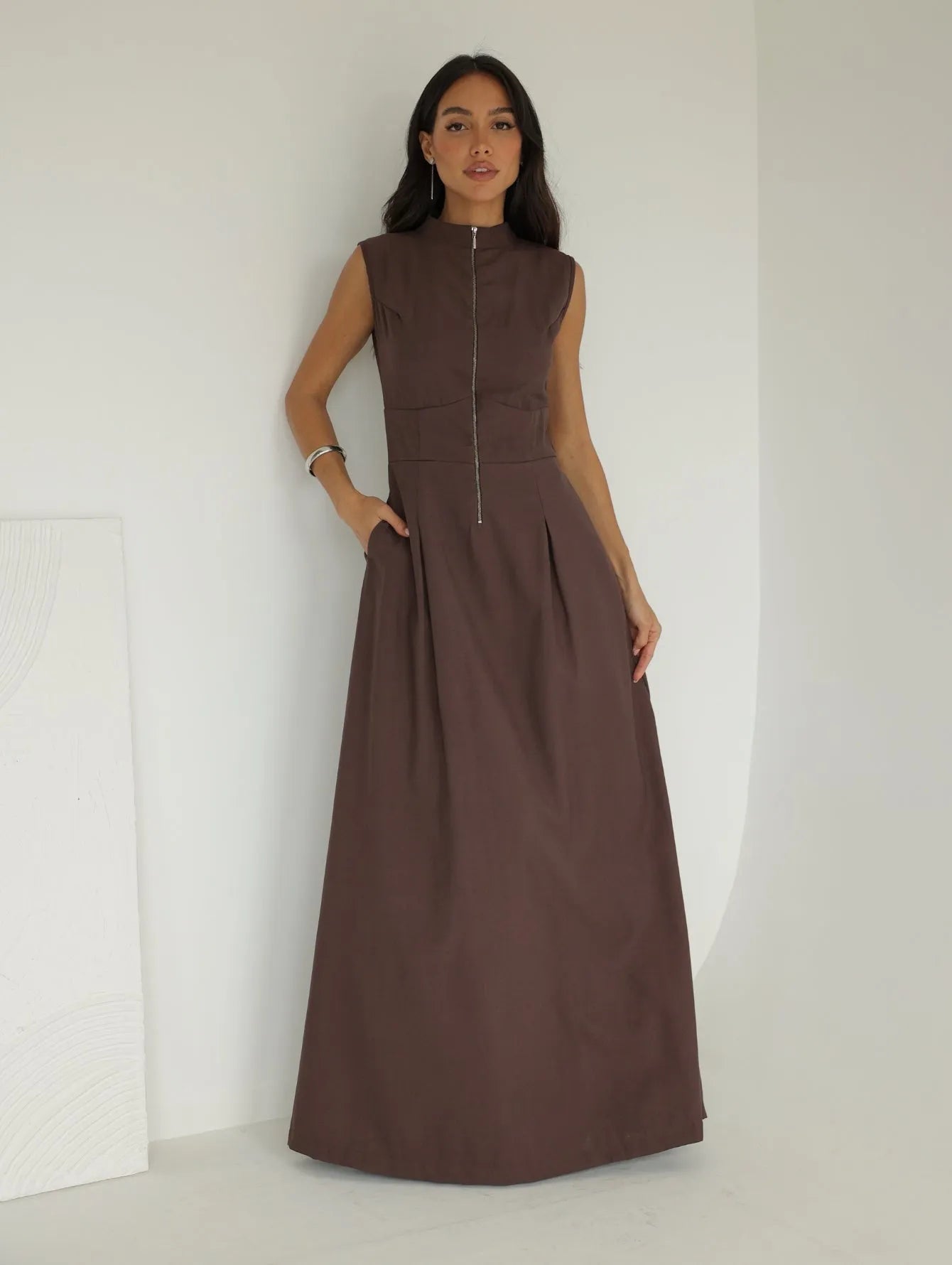 Vestido Longo Alfaiataria Zíper Frontal