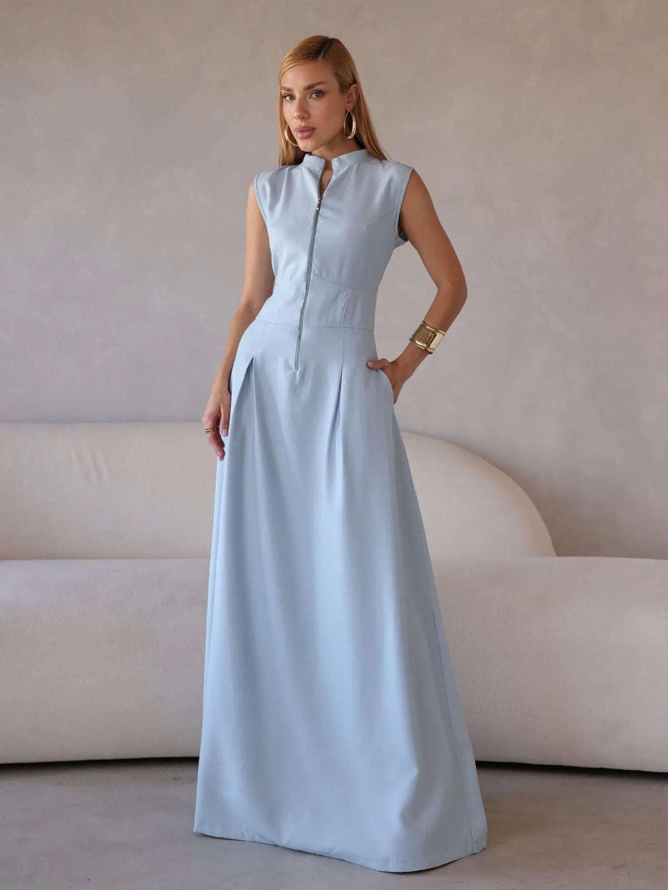 Vestido Longo Alfaiataria Zíper Frontal