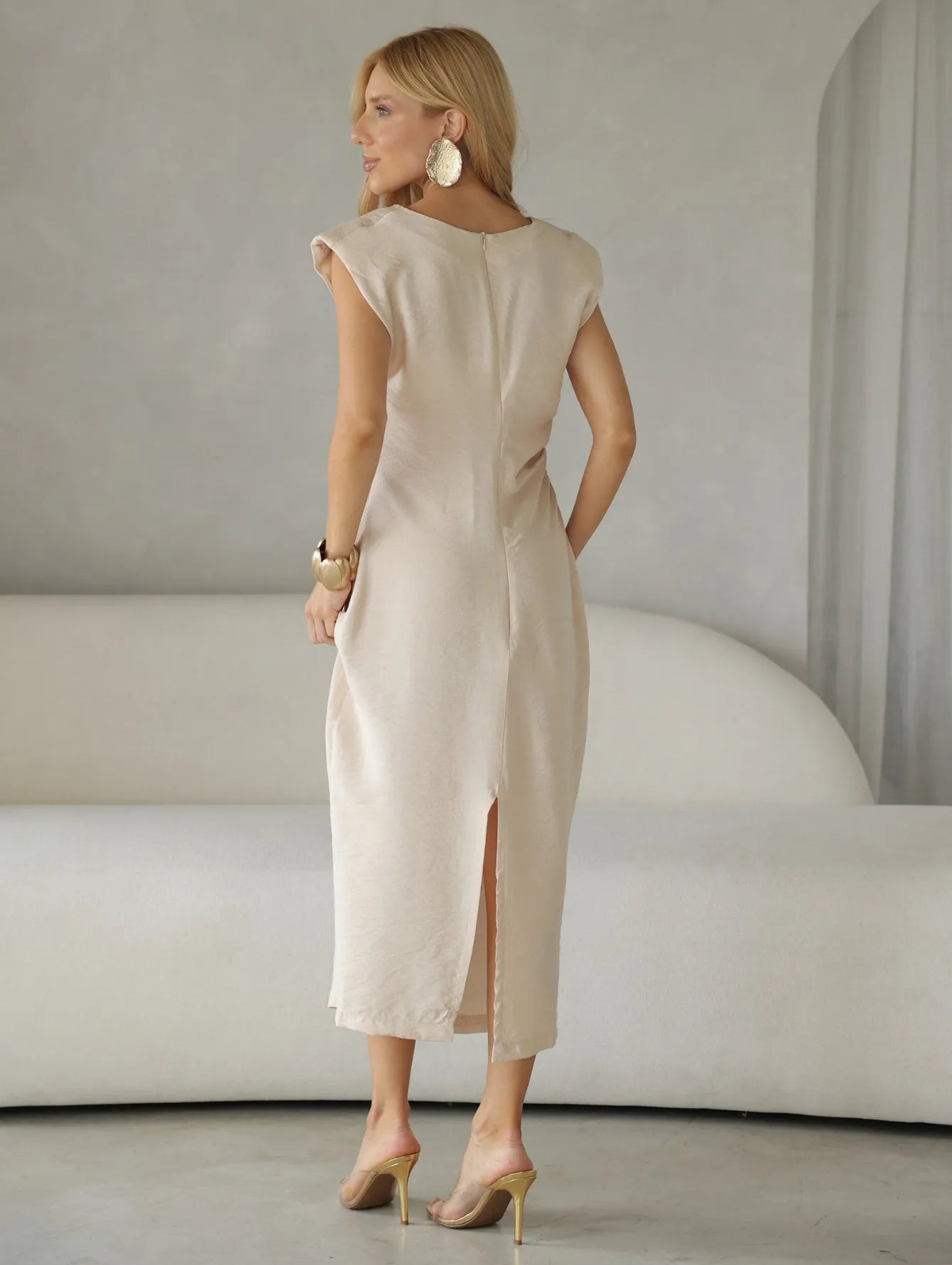 Vestido Midi Drapeado Ombreiras