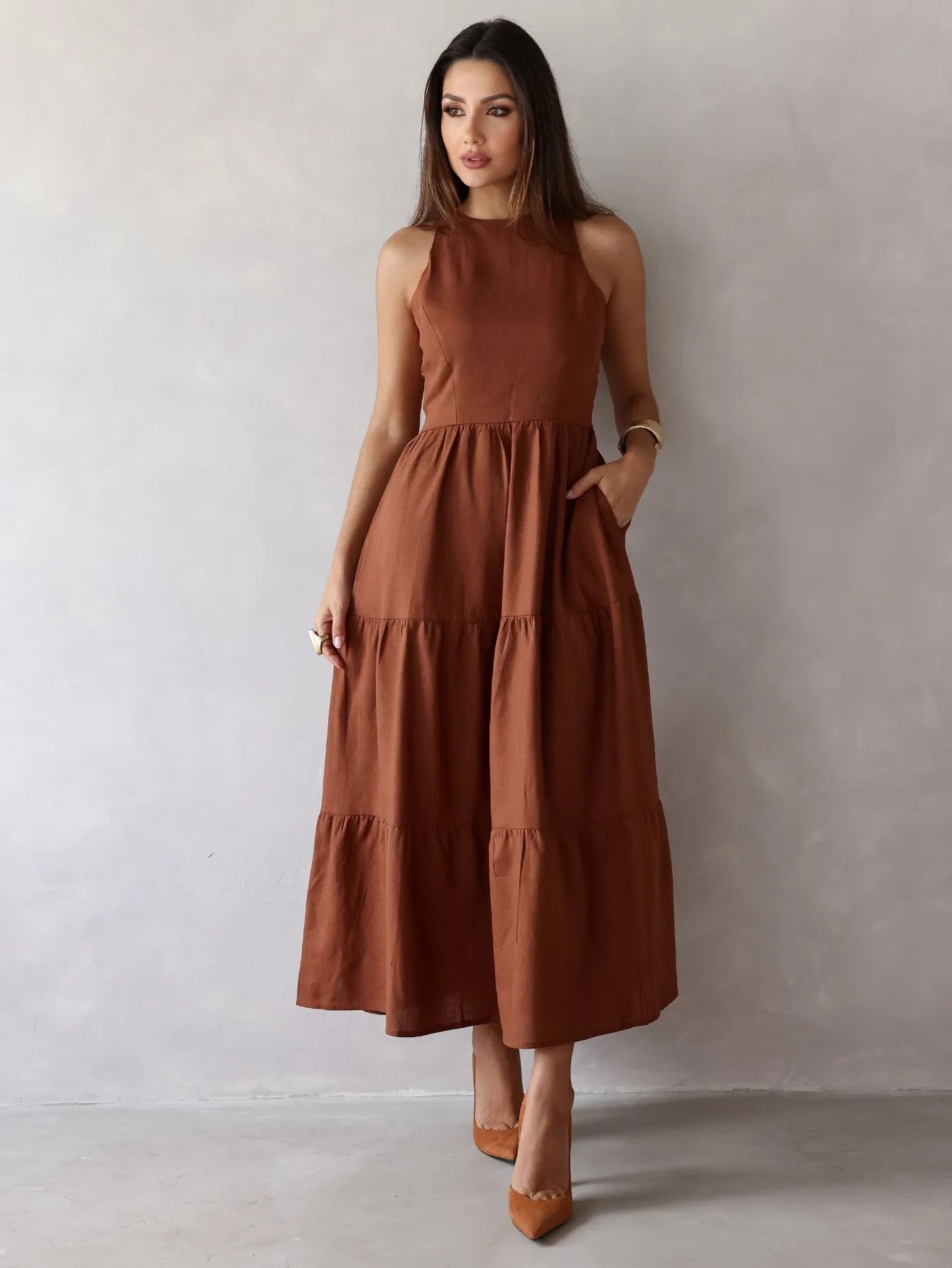 Vestido Longo Linho Sem Manga