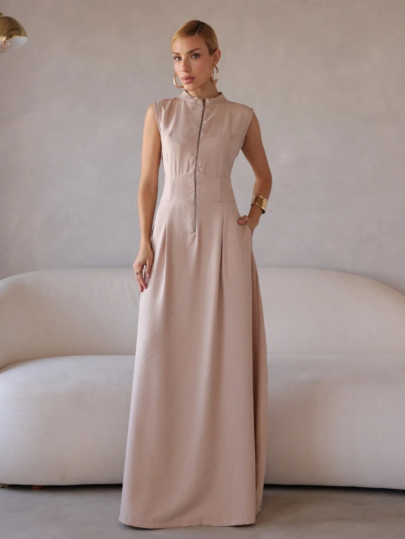Vestido Longo Alfaiataria Zíper Frontal