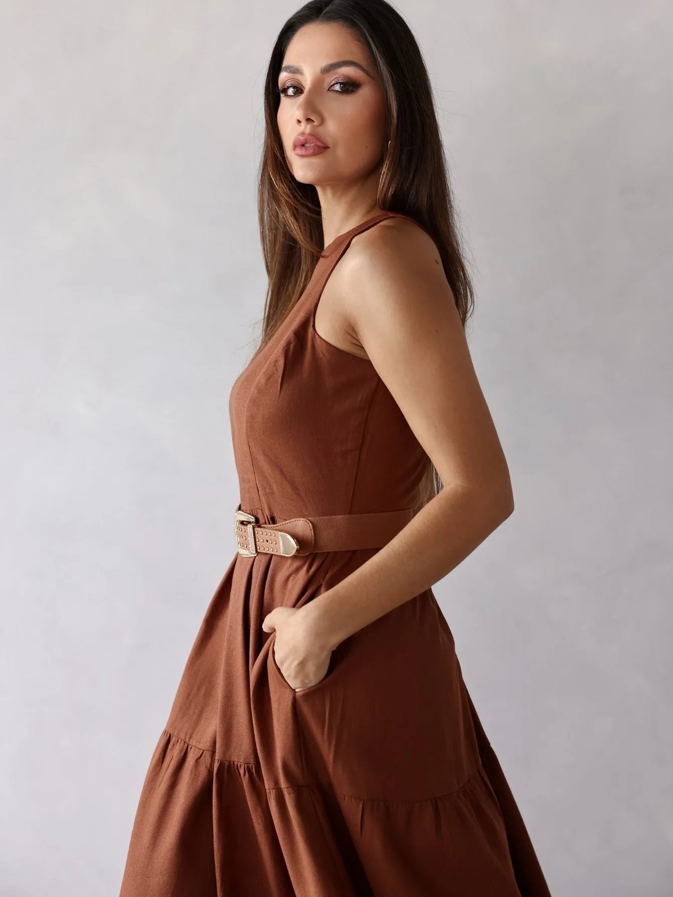 Vestido Longo Linho Sem Manga