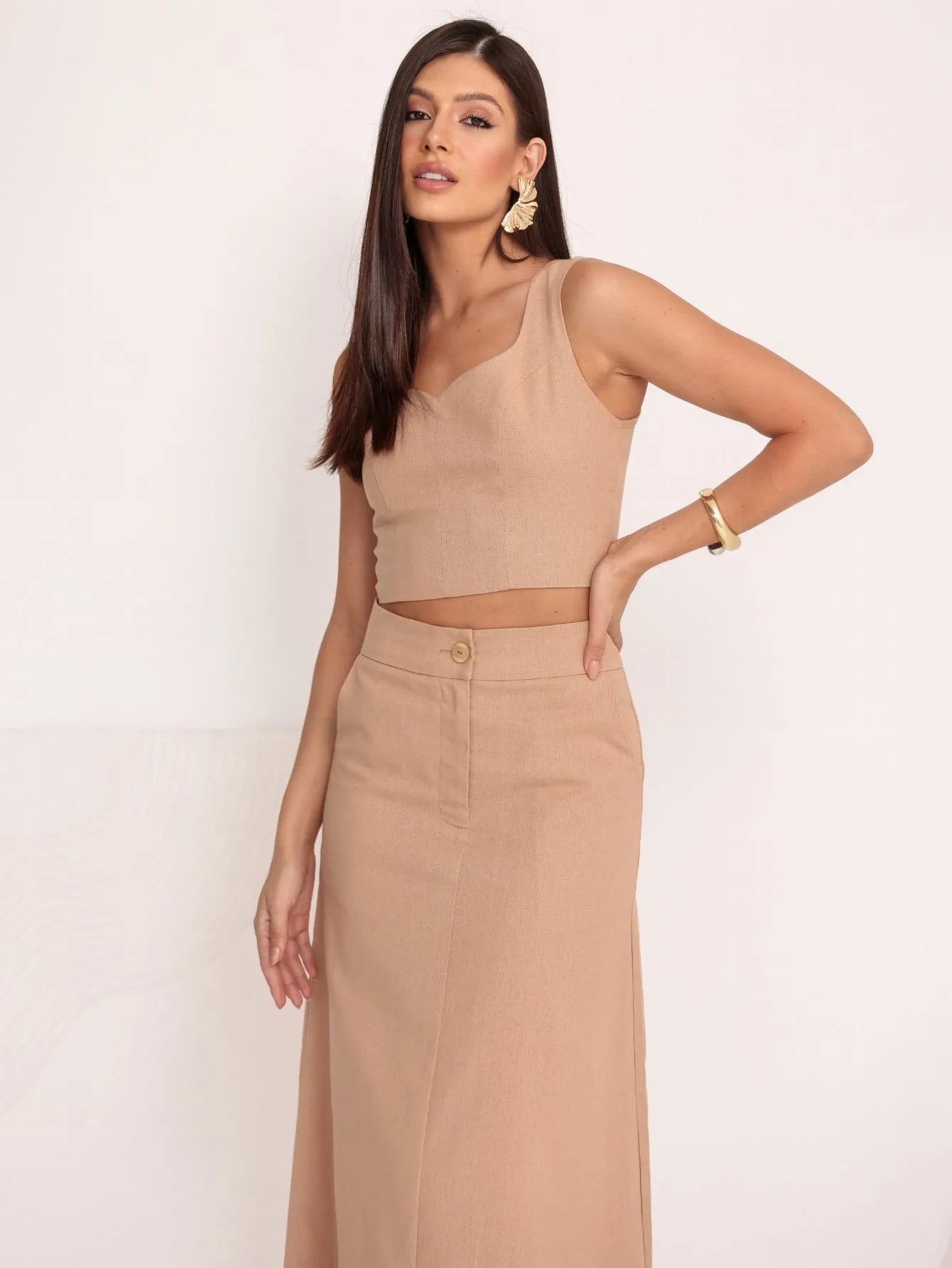 Conjunto Linho Cropped Saia Longa