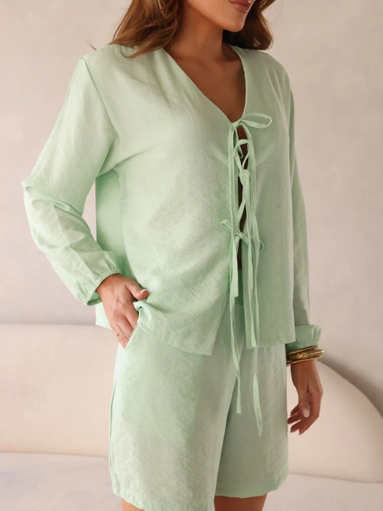 Conjunto Viscose Texturizada Mangas Bufantes