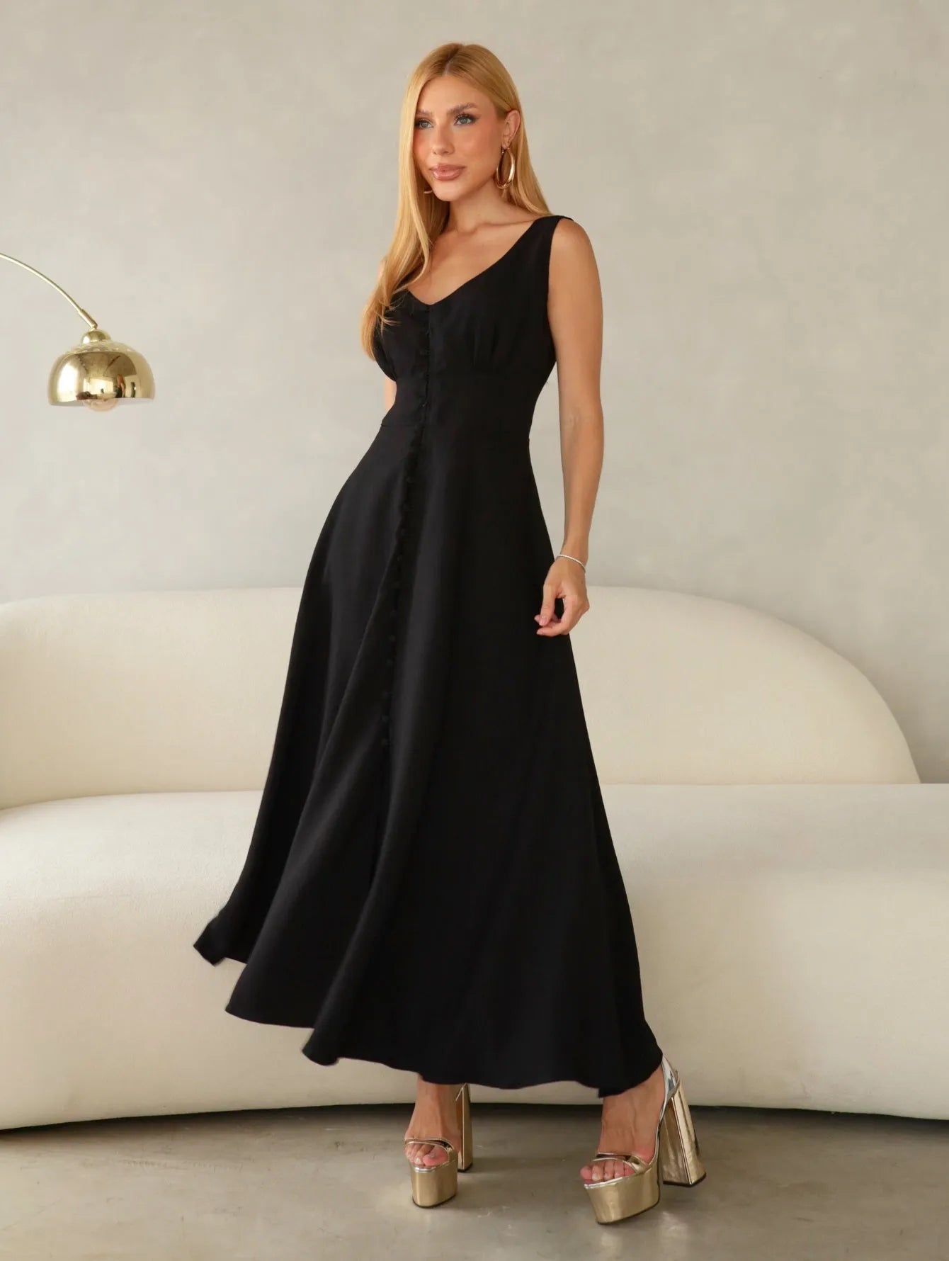 Vestido Midi Alfaiataria Decote V Lastex