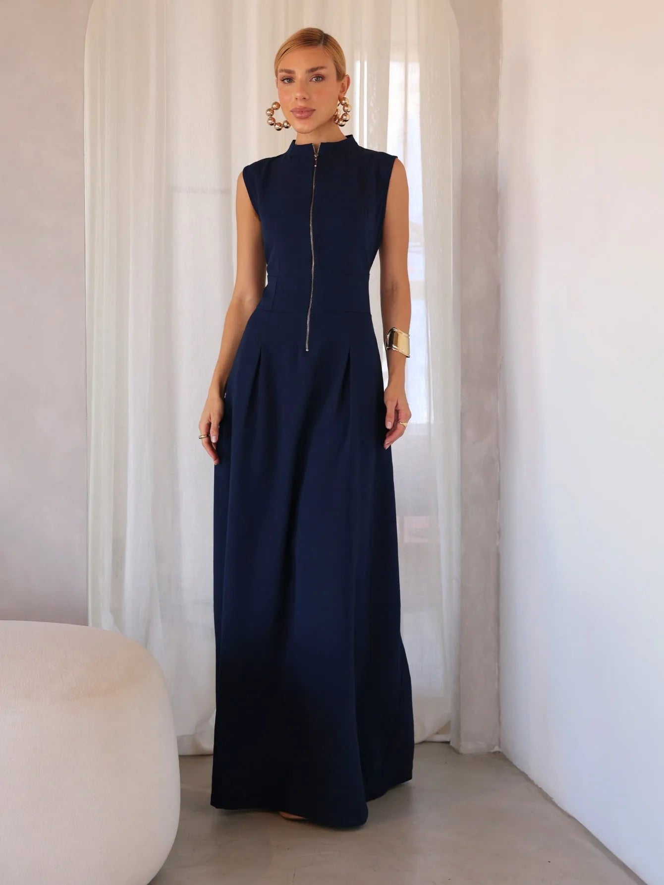 Vestido Longo Alfaiataria Zíper Frontal